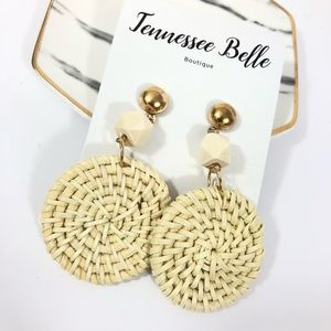 Rattan Geometic Woven Tan Cream Stud Earrings